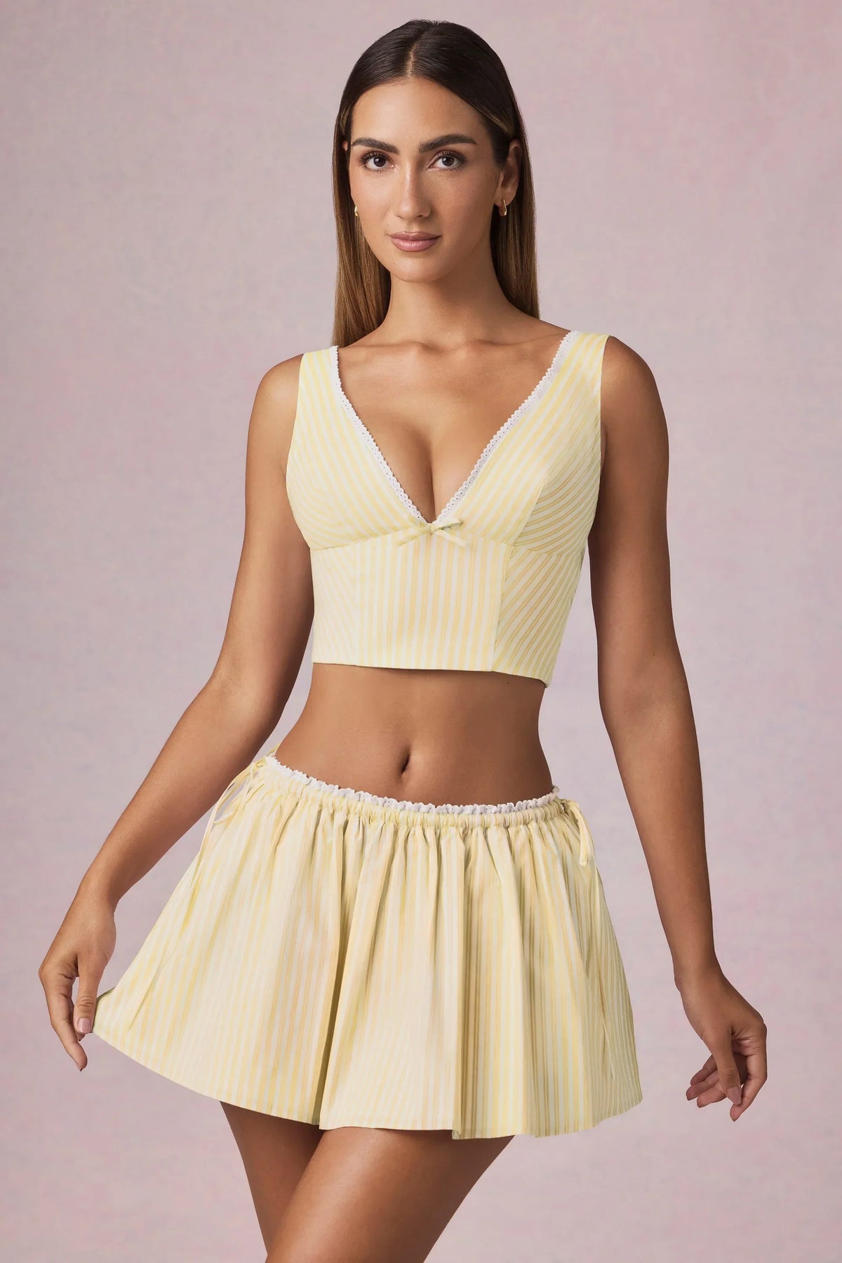 Ruched Drawstring Mini Skirt in Lemon Yellow Stripe