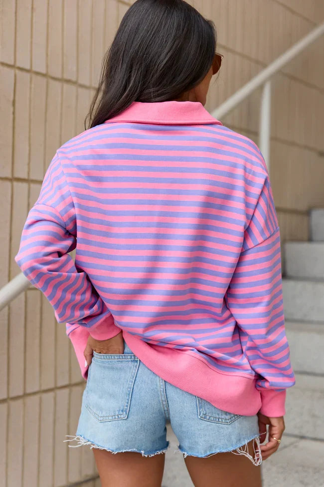 Keep It Easy Purple And Pink Striped Quarter Zip Pullover