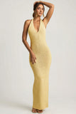 Bouclé Halterneck Maxi Dress in Yellow