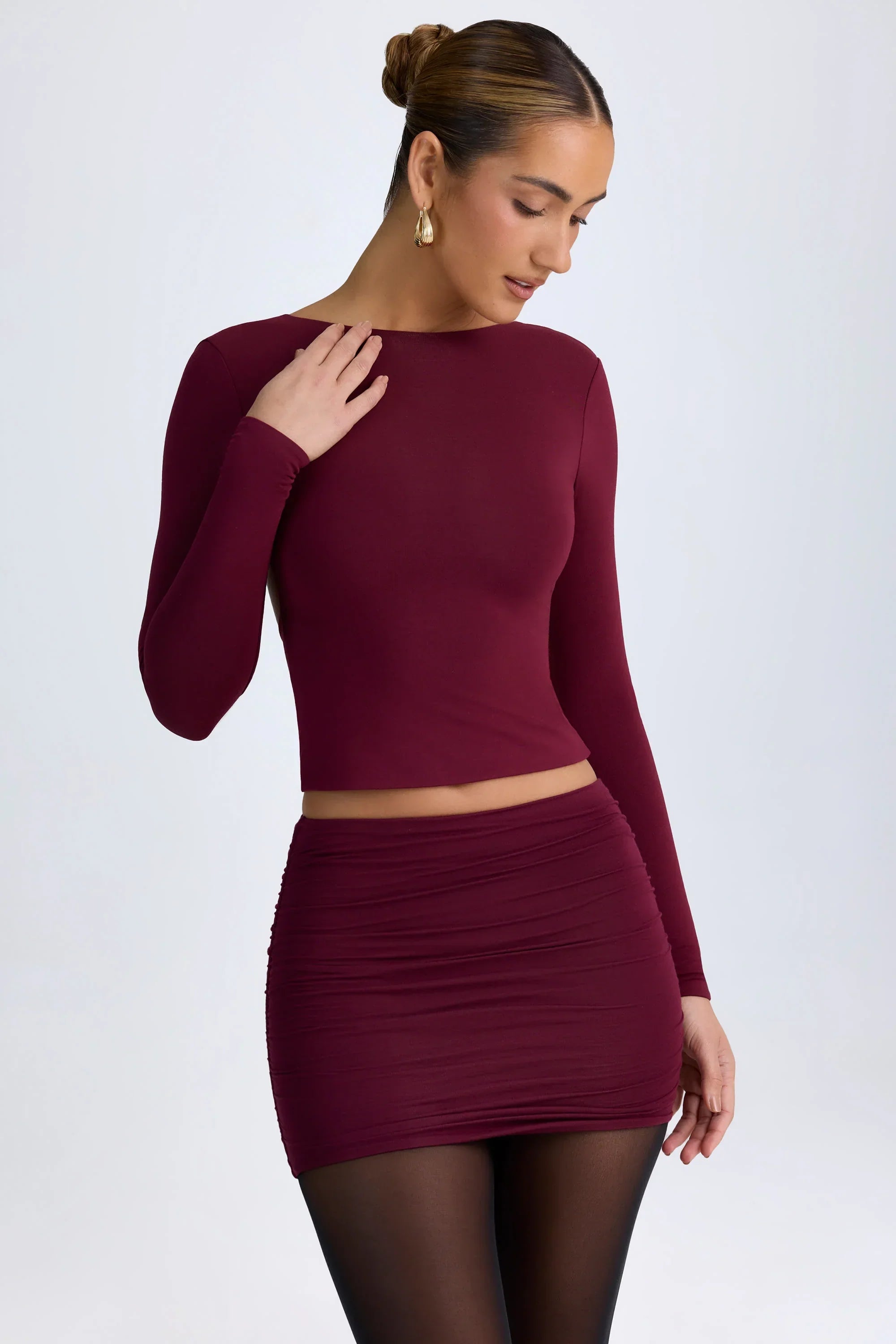 Modal High Neck Long Sleeve Open Back Top in Wine Red