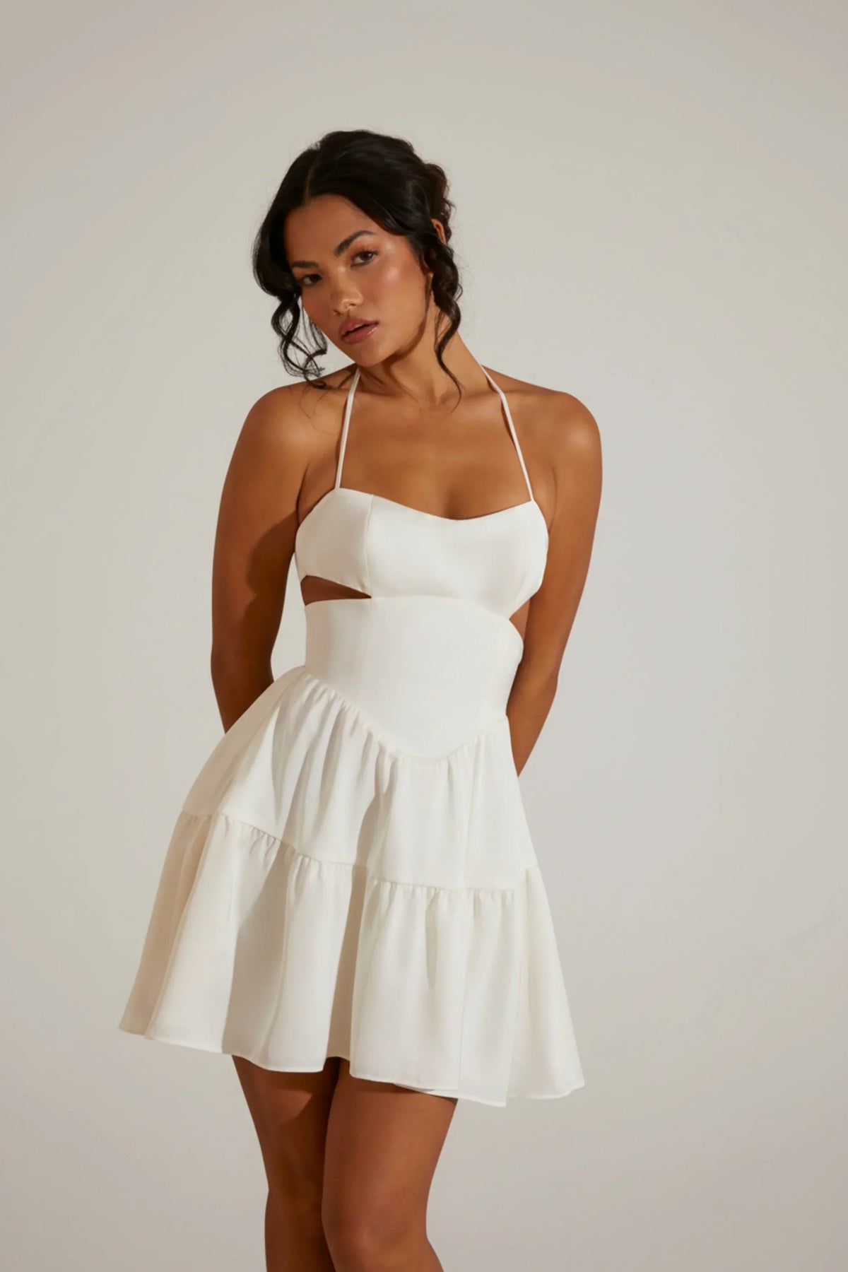 Halter Neck Cut Out Mini Dress in White
