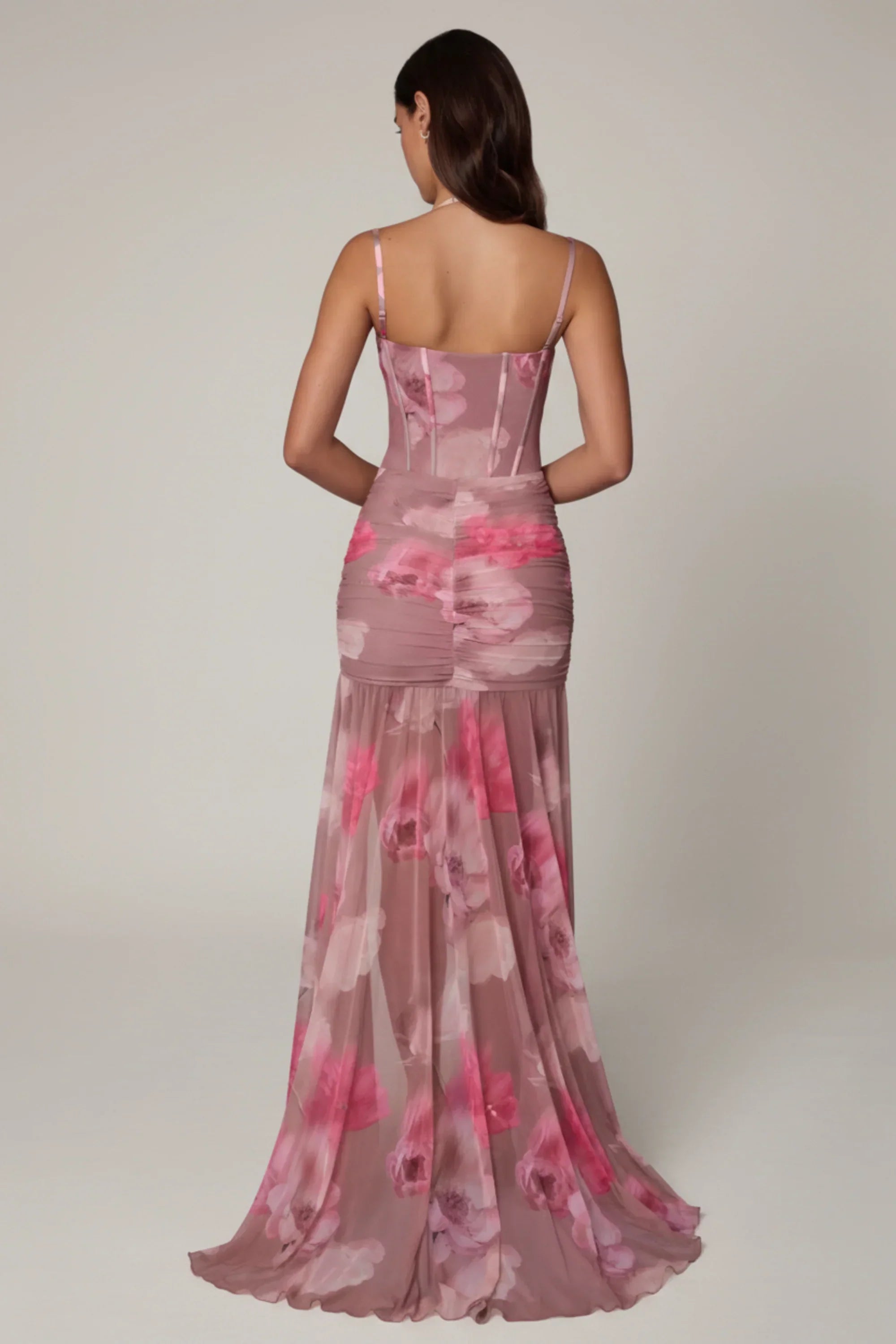 Ruched Asymmetric Corset Gown in Blurred Floral
