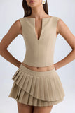 Layered Pleated Low Rise Mini Skirt in Camel