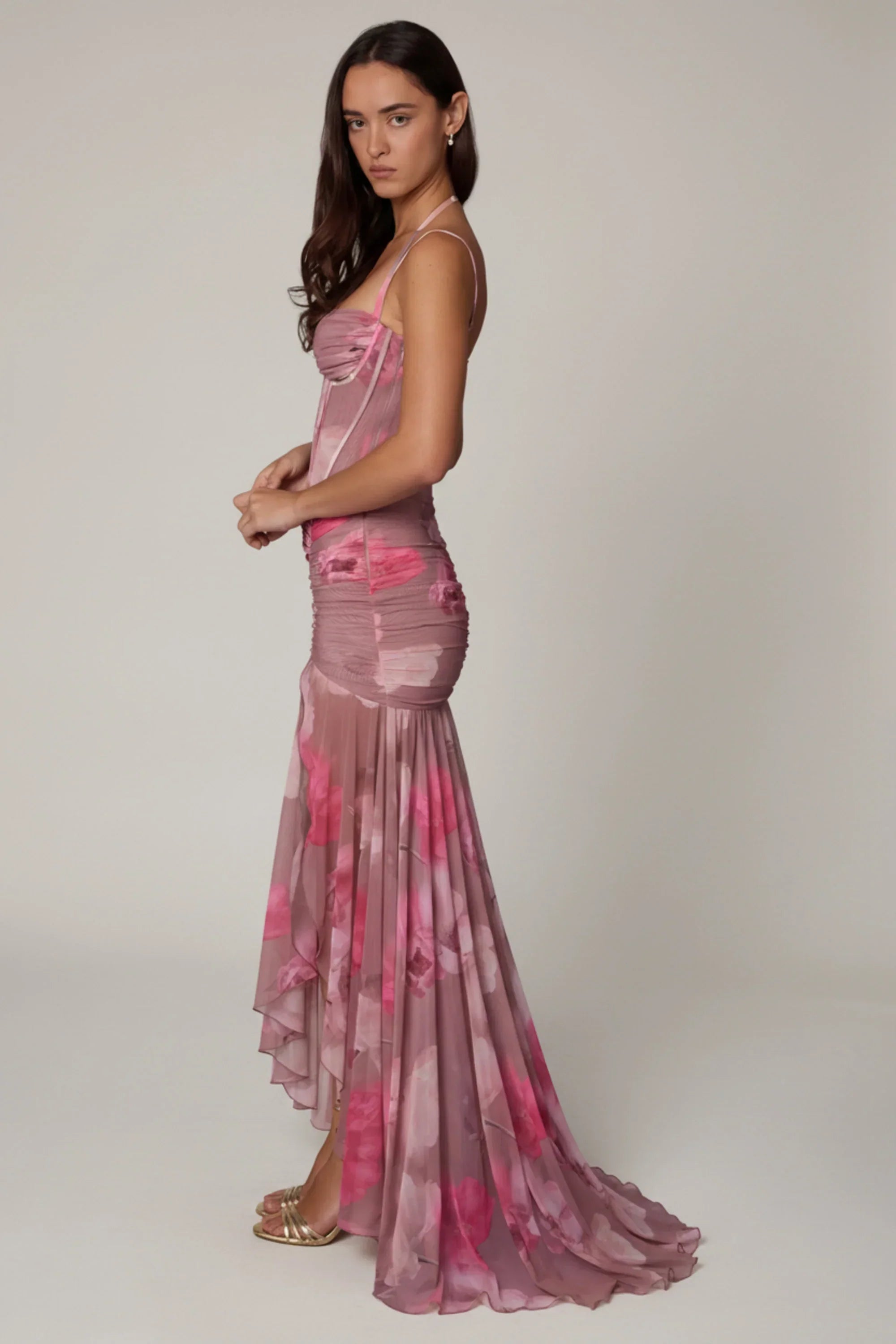 Ruched Asymmetric Corset Gown in Blurred Floral