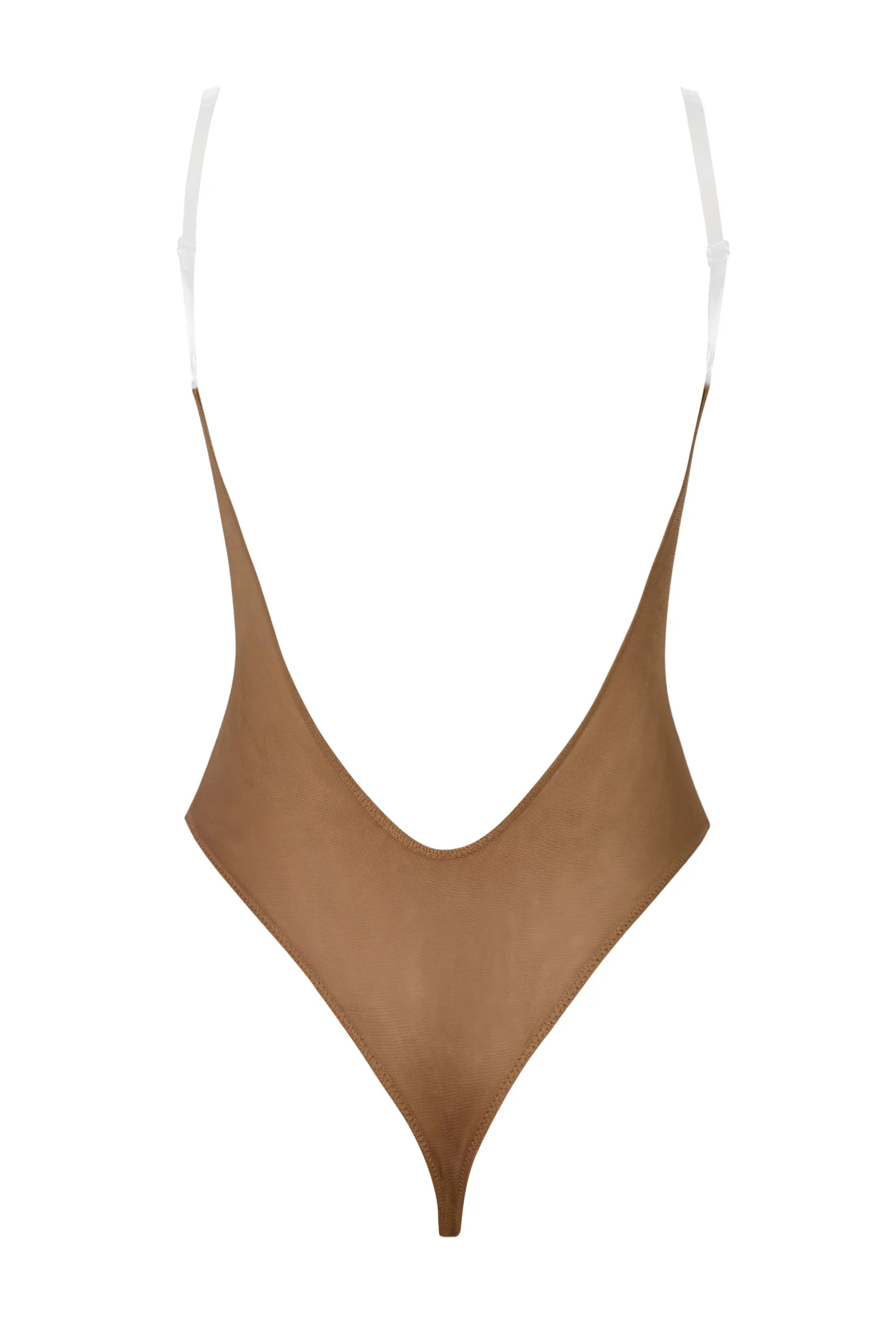 Soft Mesh Invisible Strap Thong Bodysuit in Almond