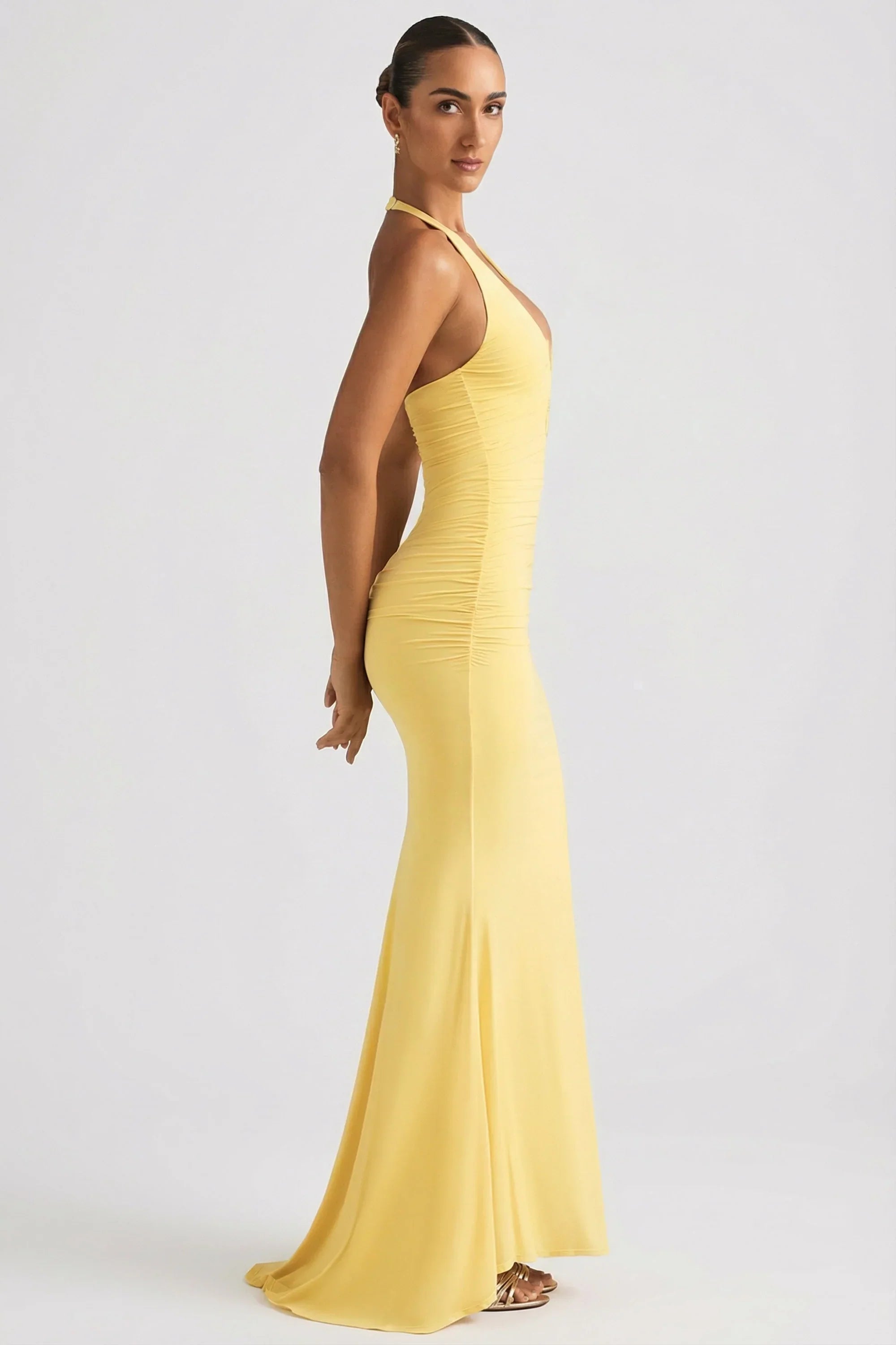 Ruched Backless Halterneck Gown in Pastel Yellow