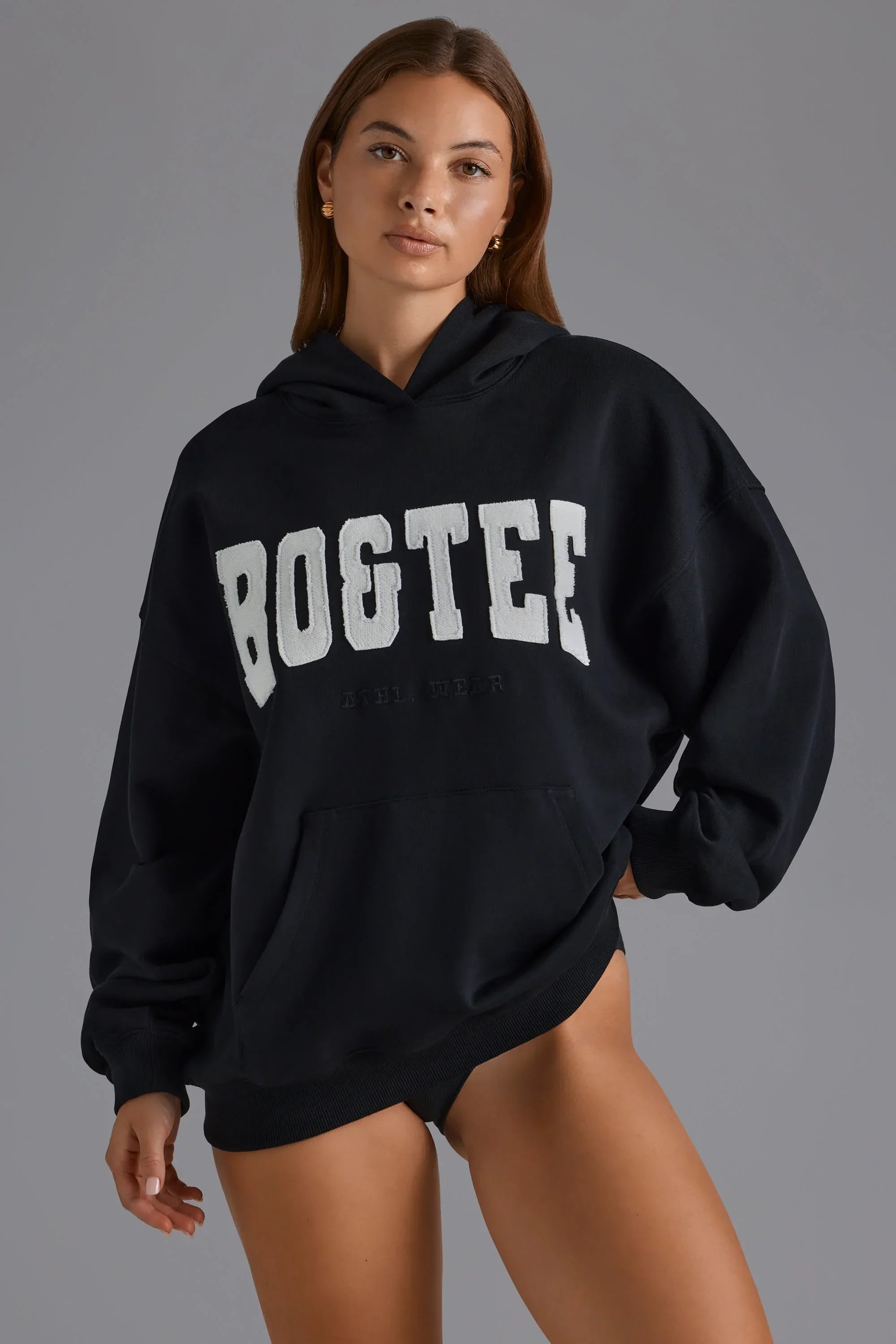 Cotton Fleece Appliqué Oversized Hoodie in Black