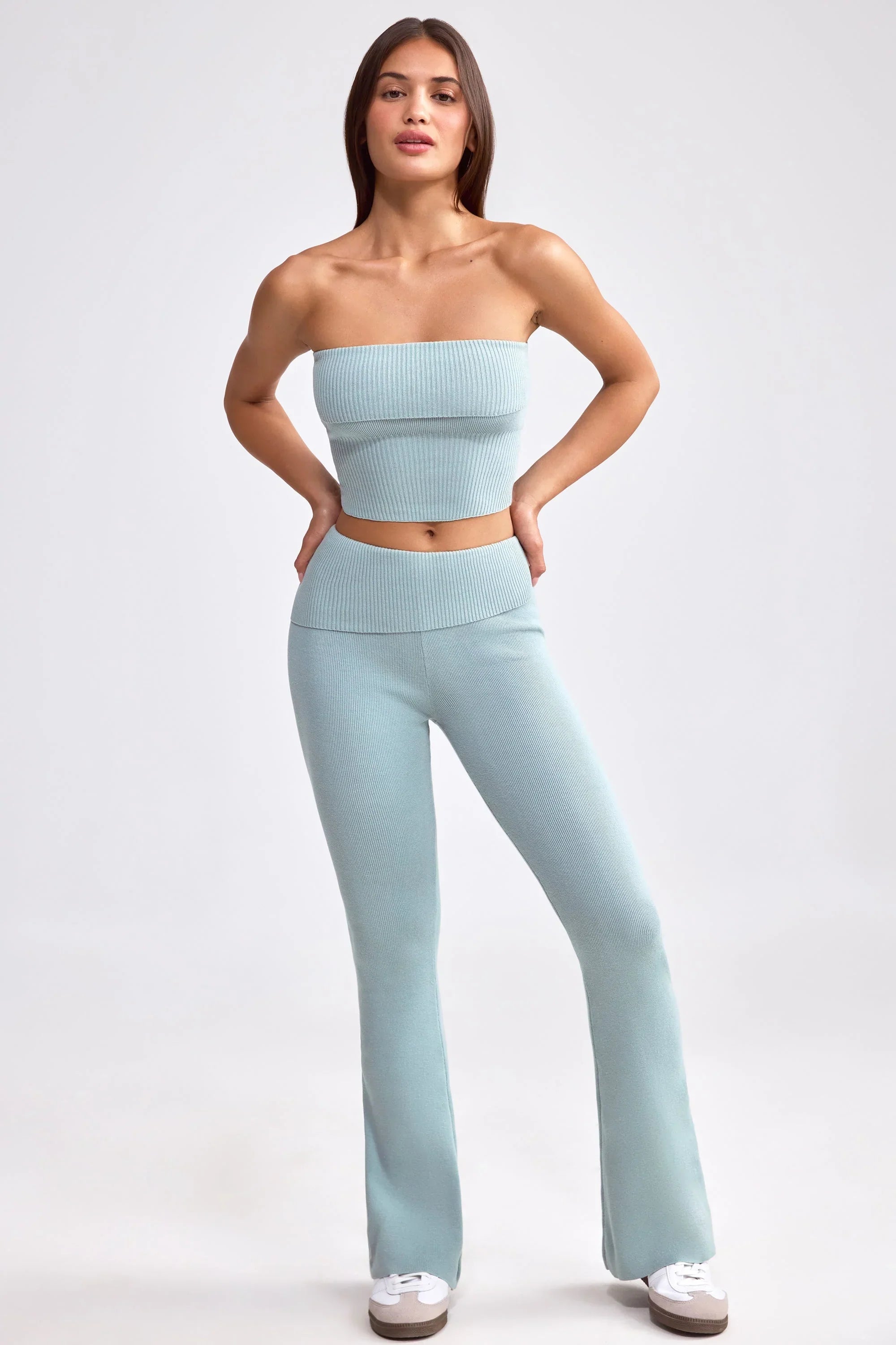 Chunky Knit Foldover Kick Flare Trousers in Dusty Teal