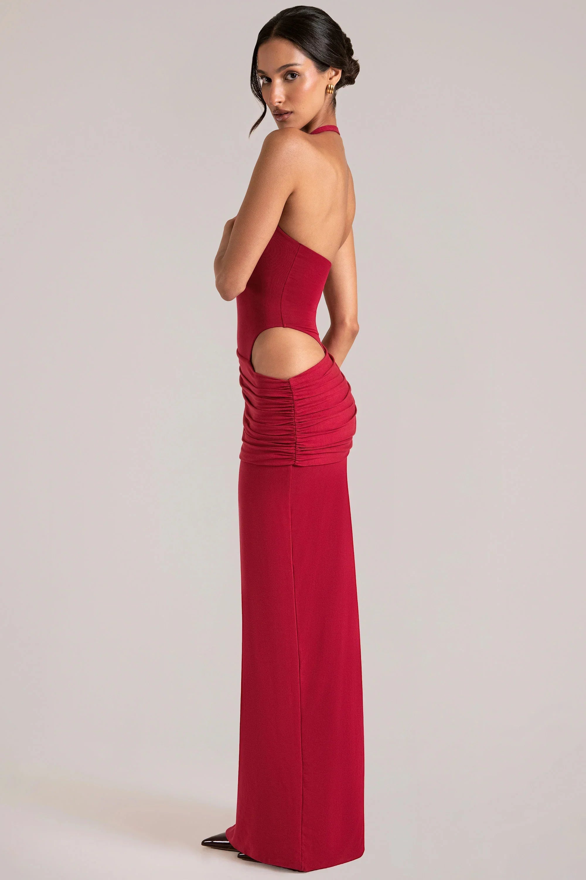 Deep Plunge Halterneck Maxi Dress in Cherry Red