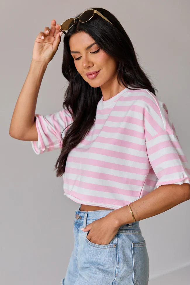 Perfect Idea Cropped Pink Striped Tee
